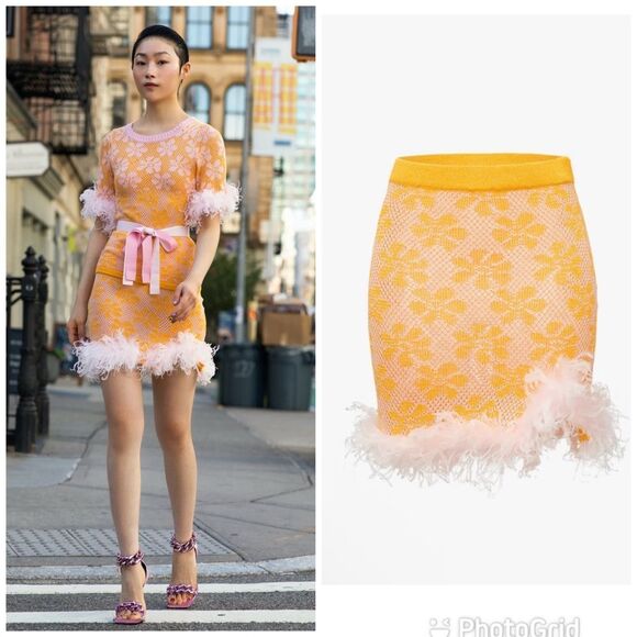 Andreeva Mini Knit Feather Trim Floral Skirt Yellow Size 6 - Picture 1 of 12